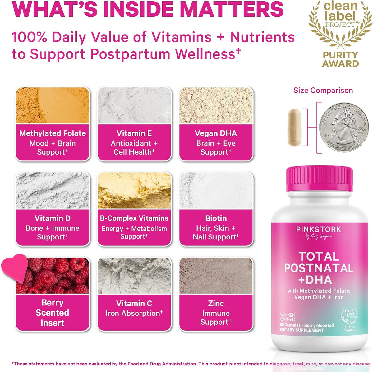 Pink Stork Total Postnatal Vitamins for Women, 60 Capsules, Berry | Clean Label Award, Vegan Algae DHA, No Fishy Burps, Methylated Folate, Iron, Gentle on Stomach, Postpartum + Lactation