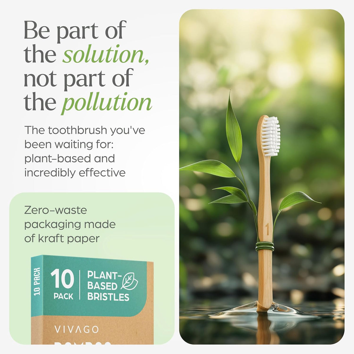 VIVAGO Bamboo Toothbrushes 10 Pack – Plant-Based Soft Bristles | Natural Toothbrush, Eco-Friendly, Wooden Toothbrush, BPA-Free