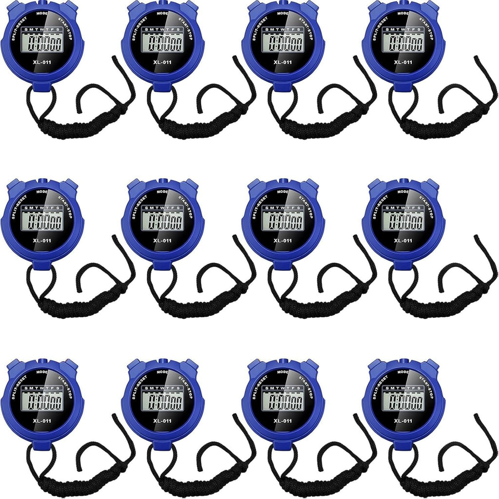 TOODOO 12 Pack Multi Function Digital Stopwatch Timer Bulk Sports Stopwatch with Lanyard Plastic Display Waterproof Date Time Alarm Timer for Coaches Fitness Referees