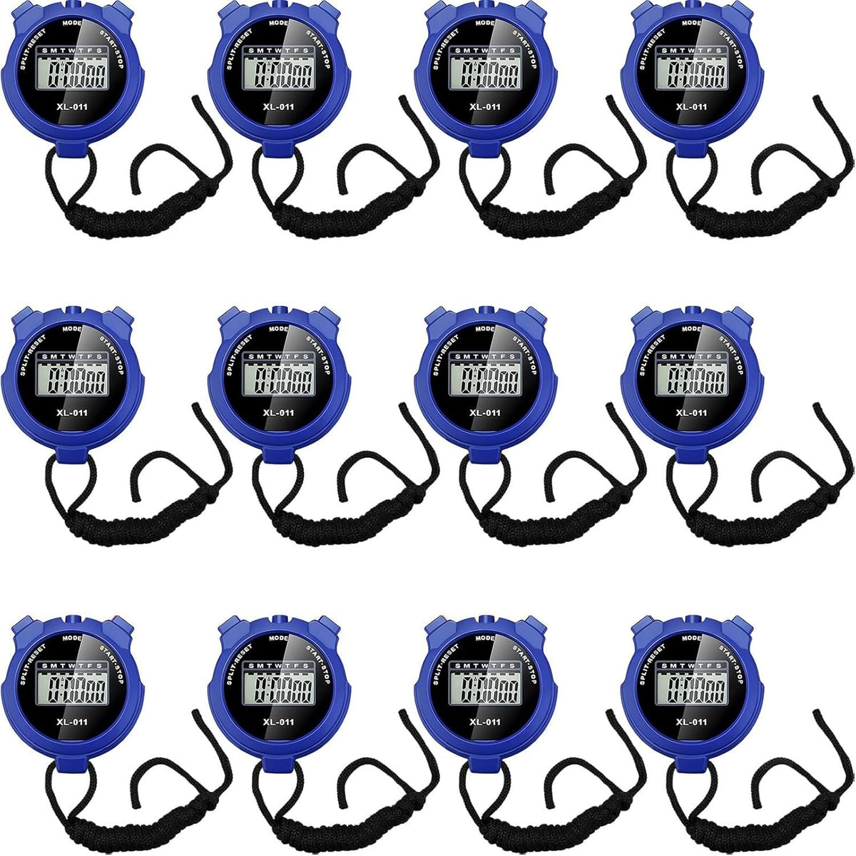 TOODOO 12 Pack Multi Function Digital Stopwatch Timer Bulk Sports Stopwatch with Lanyard Plastic Display Waterproof Date Time Alarm Timer for Coaches Fitness Referees