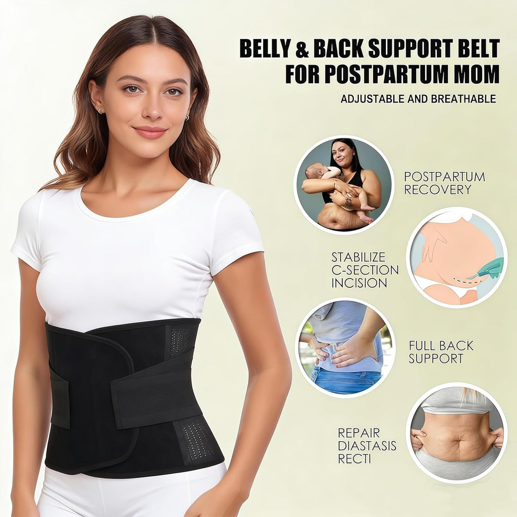 Postpartum Belly Band,C Section Belly Binder,Abdominal Binder Post Surgery Girdle,Tummy Tuck Compression Wrap Waist Trainer, Black