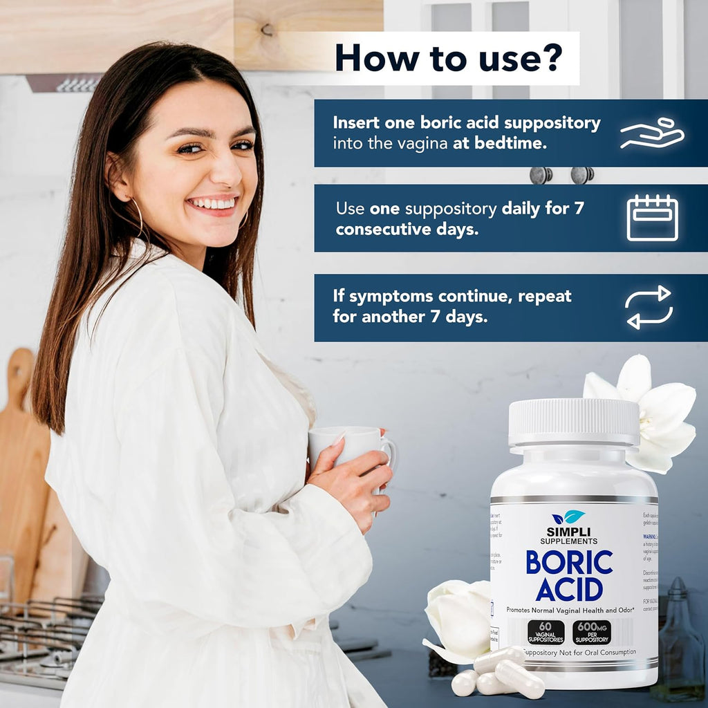 Simpli Supplements Boric Acid Suppositories for Women 600mg – 60 Count | Vaginal pH Balance Support | Feminine Care | Helps Maintain Freshness & Odor Control