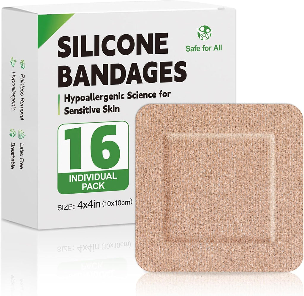 16 Pack Silicone Bandages for Sensitive Skin, 4x4 Latex Free Hypoallergenic Breathable Adhesive Bandage with Gentle Border, Large Wound Care Patches with Easy Painless Removal