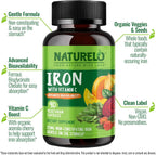 NATURELO Vegan Iron Supplement with Vitamin C and Organic Whole Foods - Gentle Iron Pills for Women & Men with Iron Deficiency Including Pregnancy, Anemia and Vegan Diets - 90 Mini Capsules