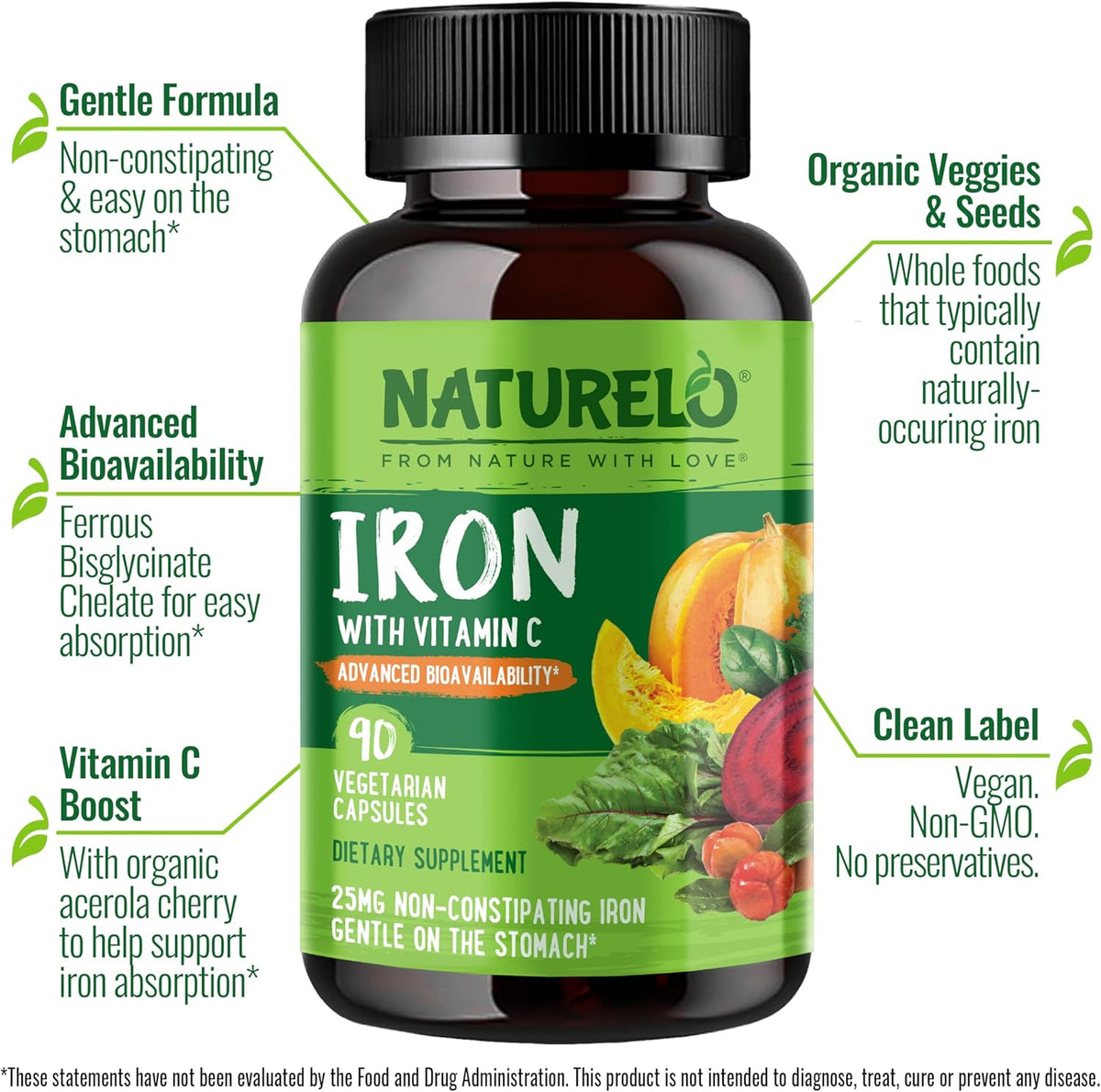 NATURELO Vegan Iron Supplement with Vitamin C and Organic Whole Foods - Gentle Iron Pills for Women & Men with Iron Deficiency Including Pregnancy, Anemia and Vegan Diets - 90 Mini Capsules