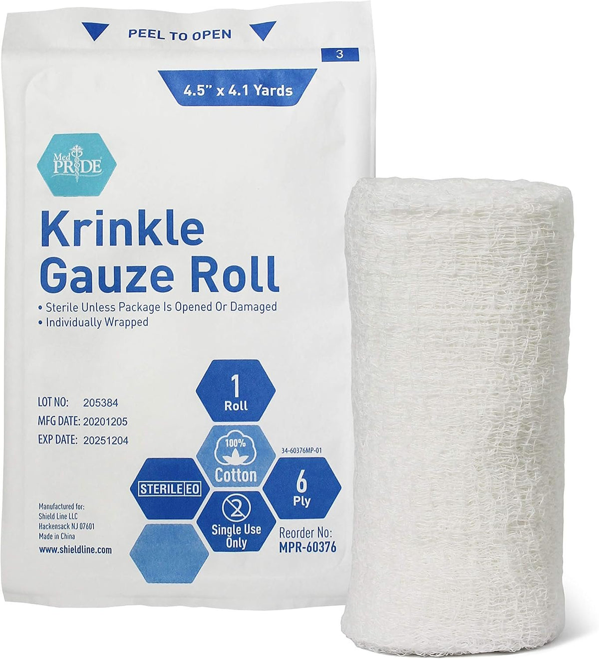 MED PRIDE Sterile Krinkle Gauze Rolls,6-Ply Cotton,4.5 in x 4.1 yd,6-Pack