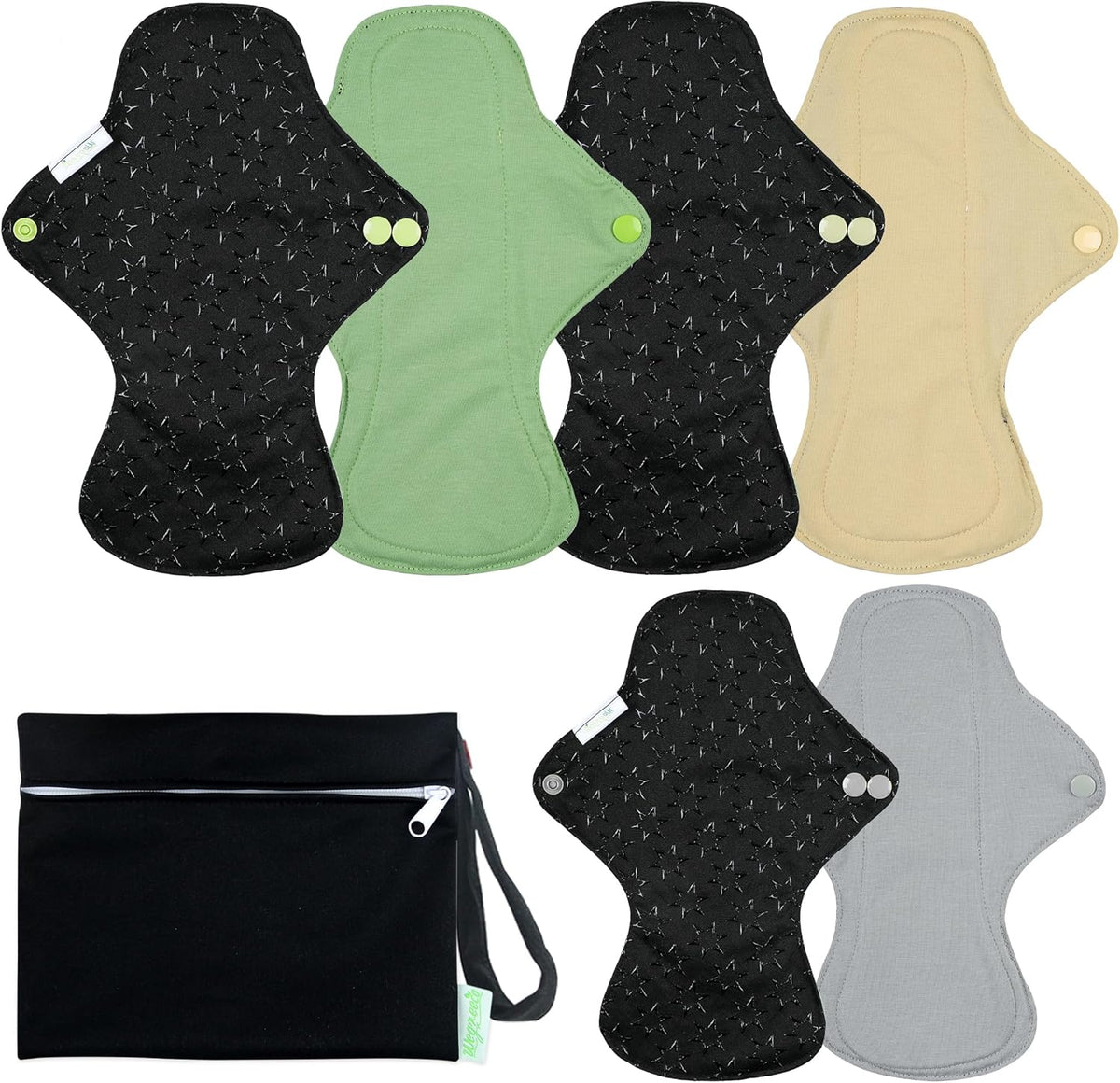 6 PCs Reusable Menstrual Pads, Ultra Absorbent Cotton Cloth Pads for Light / Heavy Flow,Cotton Sanitary Pads for Teens, Women, Nonslip Panty Liners + 1 pc Wet Bag (Mustard Yellow, Grey, Beige, M)