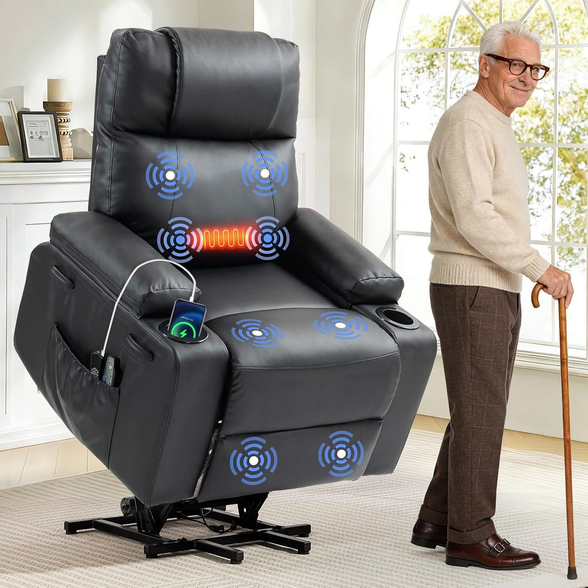 Power Lift Recliner Electric Chair for Elderly with USB Charge Port, Black | Fits 5'2"–5'9" Heights, PU Leather Recliner with Massage & Heat, 160° Adjustable Recline, Stand Assist, Remote, Cup Holders