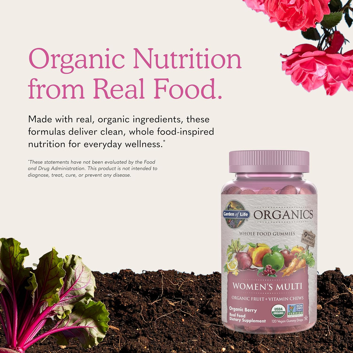 Garden of Life Organics Women's Gummy Vitamins - Berry - Certified Organic, Non-GMO, Vegan, Kosher Complete Multi - Methyl B12, C & D3 - Gluten, Soy & Dairy Free, 120 Real Fruit Gummies