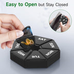 Weekly Pill Organizer, 2 Pack Portable Travel Pill Box, 7 Day Pill Case | Easy Open, BPA-Free, Arthritis Friendly Medicine Pill Container, Medicine Case for Vitamins,Supplements Medications, Black