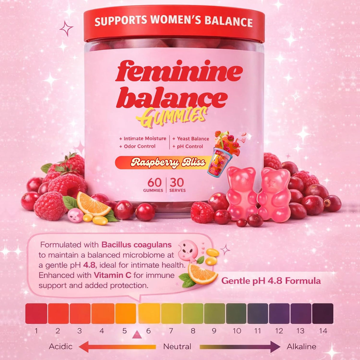 Feminine Balance Gummies for Women – Vaginal Probiotic Gummy Supports Women's Balance and Wellness – Women’s Daily Health Supplement - Raspberry Flavour 60 Gummies 30 Serves