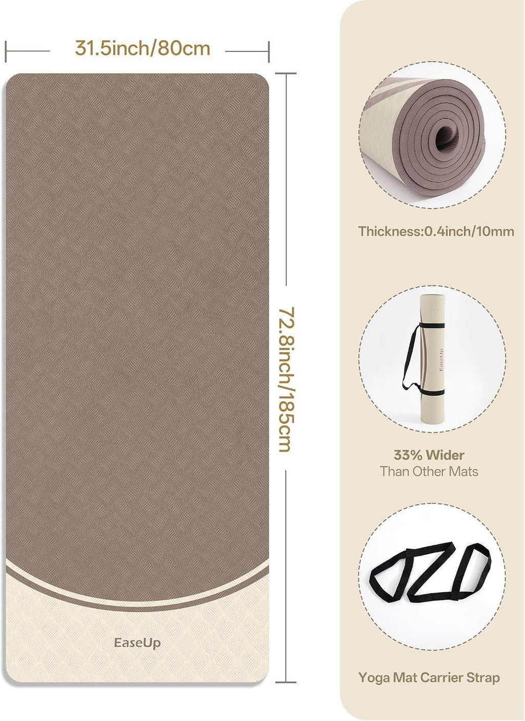 EaseUp 10mm Thick Yoga Mat, 73"×31.5" Extra Wide, Non-Slip with Strap | Extra thick 0.4inch yoga mats for Yoga,Exercise,Pilates and Fitness, for Women Men Home Workout