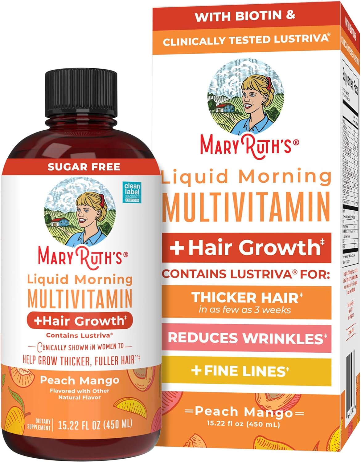 MARYRUTH'S Liquid Multivitamin + Hair Growth, Clinically Thicker Hair, 15oz | Clinically Tested in Women for Thicker Hair & Facial Wrinkles, Biotin 10000mcg, Lustriva Hair Growth Supplements, Skin Care