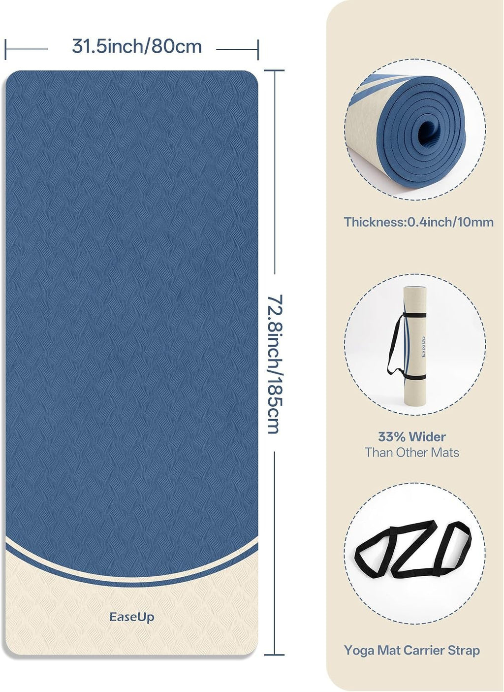 EaseUp 10mm Thick Yoga Mat, 73"×31.5" Extra Wide, Non-Slip with Strap | Extra thick 0.4inch yoga mats for Yoga,Exercise,Pilates and Fitness, for Women Men Home Workout