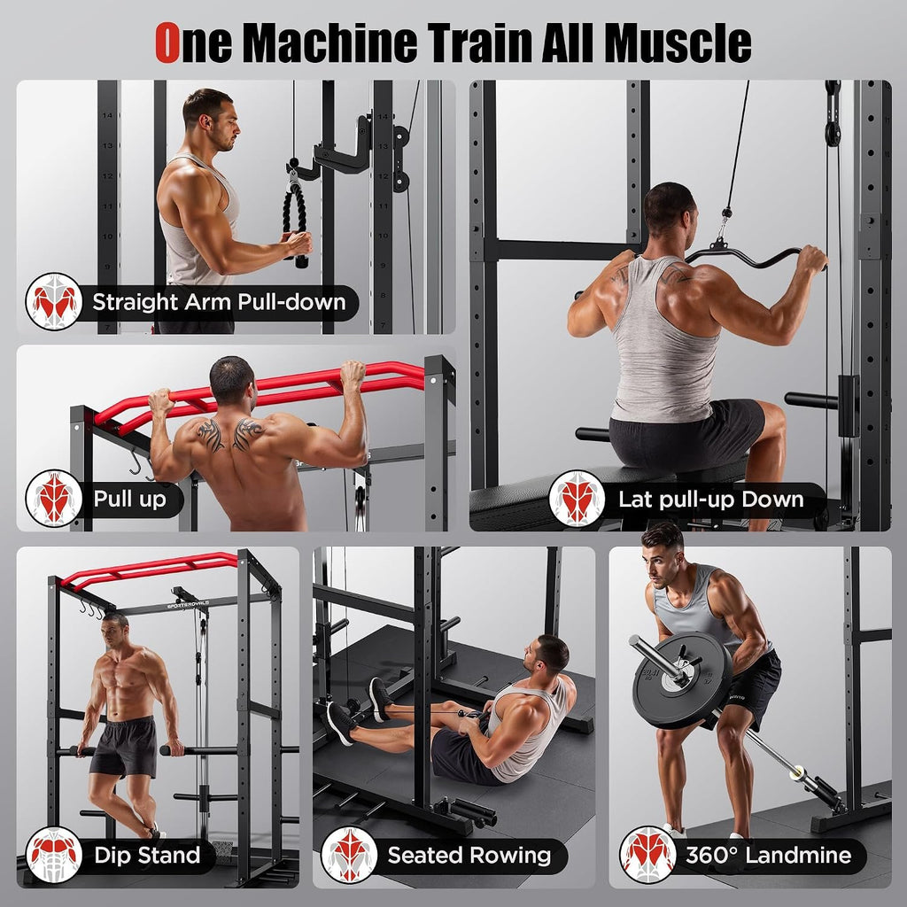 SPORTSROYALS Power Rack, Multi-Functional Power Cage, Squat Rack with Pulley System & LAT Pull Down, Workout Cage with J Hooks for Home Gym