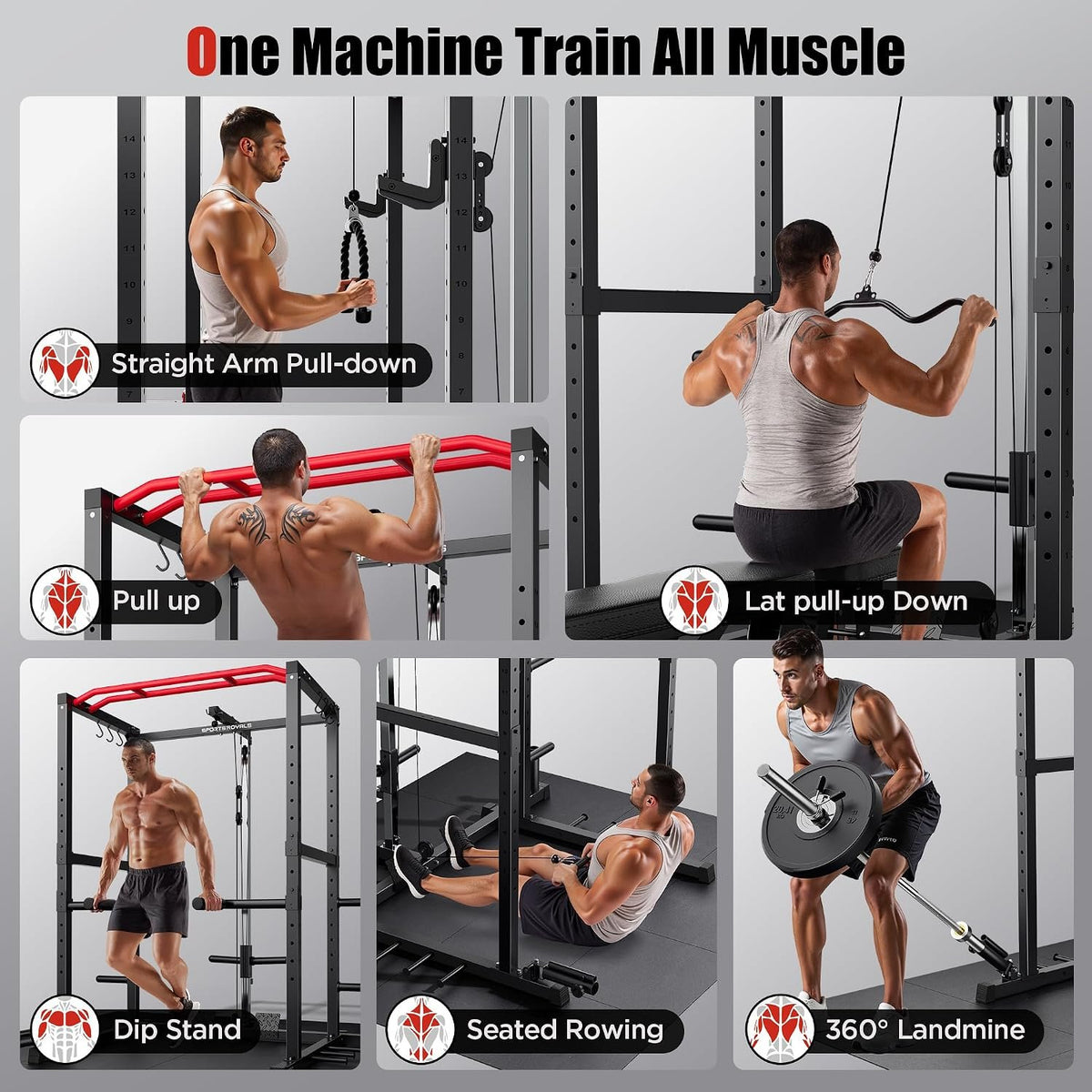 SPORTSROYALS Power Rack, Multi-Functional Power Cage, Squat Rack with Pulley System & LAT Pull Down, Workout Cage with J Hooks for Home Gym
