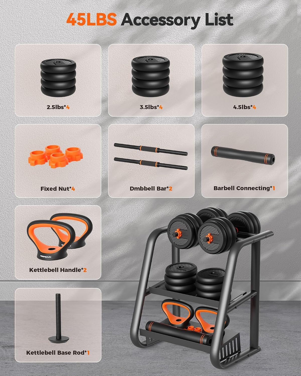FEIERDUN DS2 Adjustable Dumbbells, 20/30/40/45/70/90lbs Free Weight Set with Connector, 5 in1 Dumbbells Set Used as Barbell, Kettlebells, Push up Stand, Weight Plate, Fitness Exercises for Home Gym Suitable Men/Women