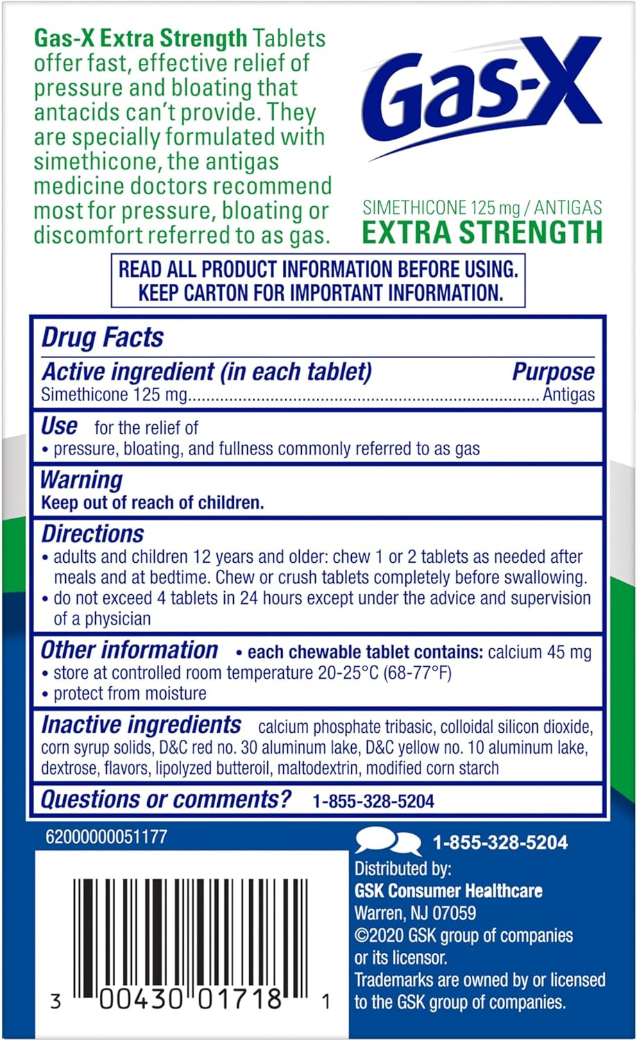 Gas-X Extra Strength Chewable Tablets, Gas Relief, Peppermint Crème, 18 Ct | Simethicone 125mg Extra Strength Chewable Tablets, Fast Gas and Bloating Relief, GLP-1 Support
