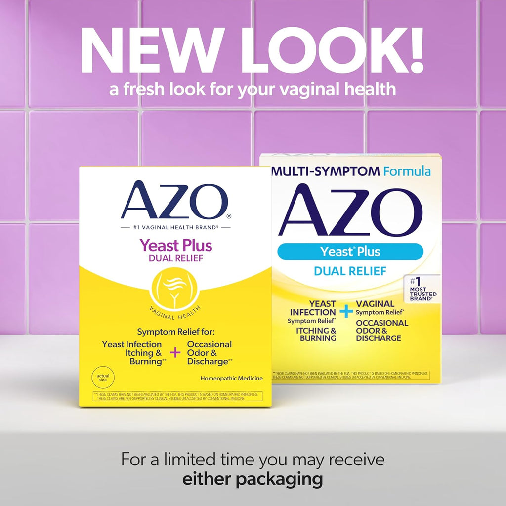AZO Yeast Plus Dual Relief Homeopathic Medicine | Yeast Infection Symptom Relief: Itching & Burning | Vaginal Symptom Relief: Occasional Odor & Discharge | #1 Most Trusted Brand | 2 Pack (60ctx2)