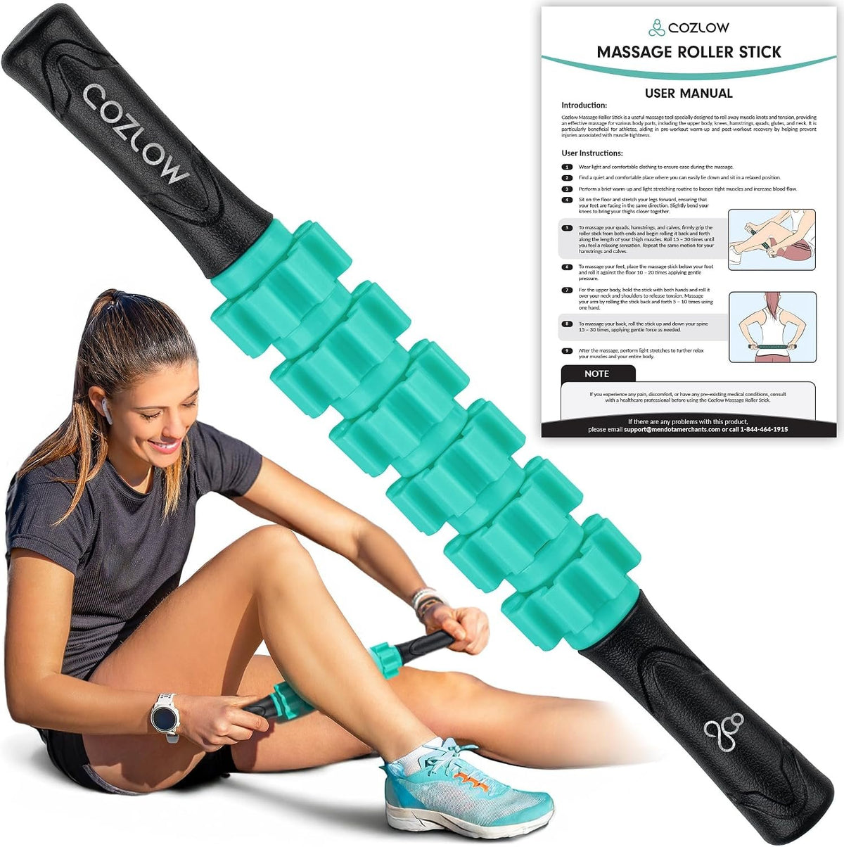Muscle Roller Stick, Green, Hand Held Body Massager, 9 Rollers
