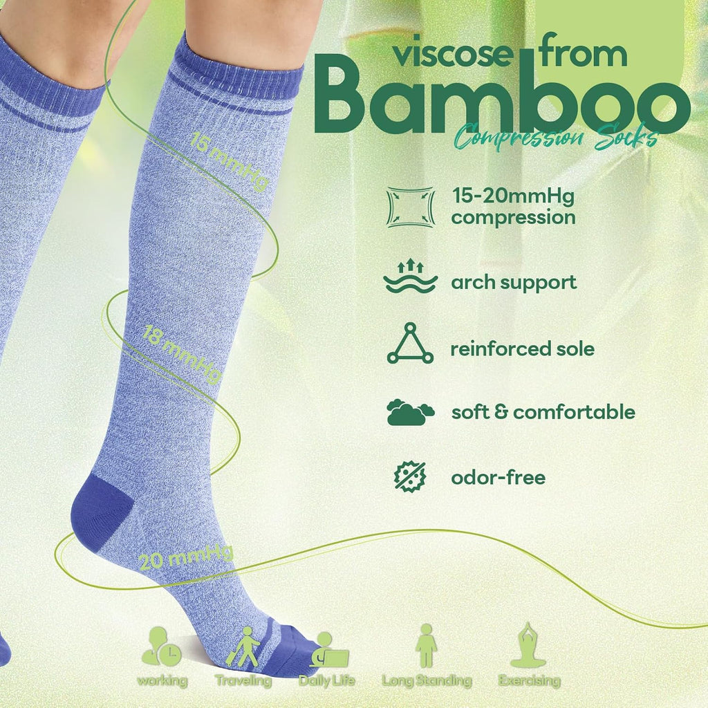 Compression Socks Women & Men, 15-20 mmHg Bamboo Viscose Knee High Soft Support for Flying Travel Daily