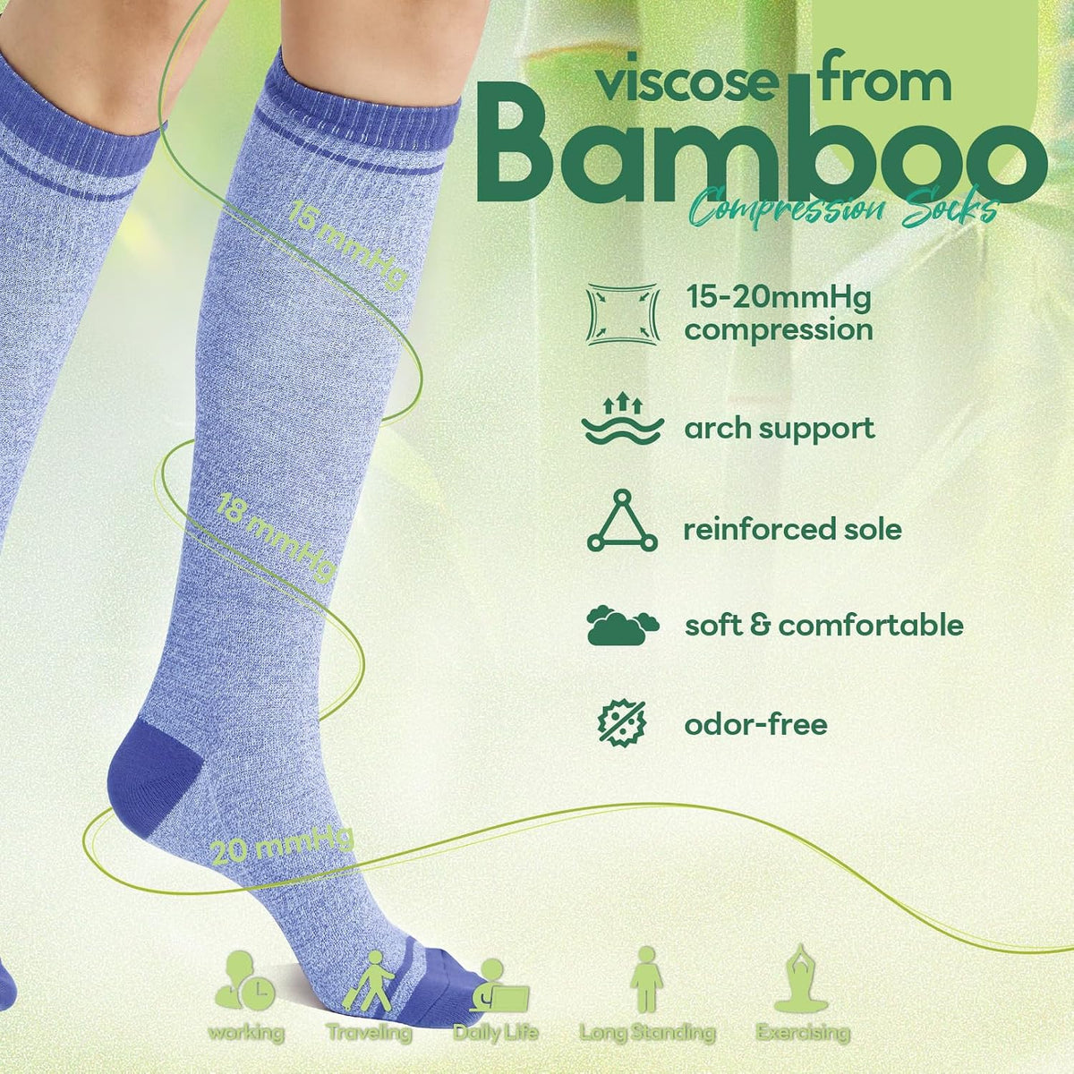 Compression Socks Women & Men, 15-20 mmHg Bamboo Viscose Knee High Soft Support for Flying Travel Daily