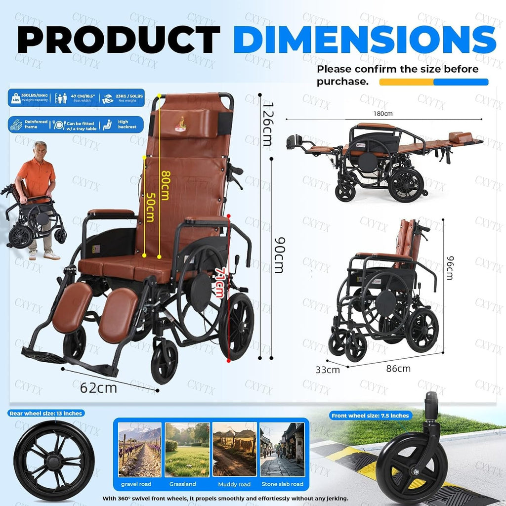 High Back Reclining Wheelchair for Adults 180° Full Recline