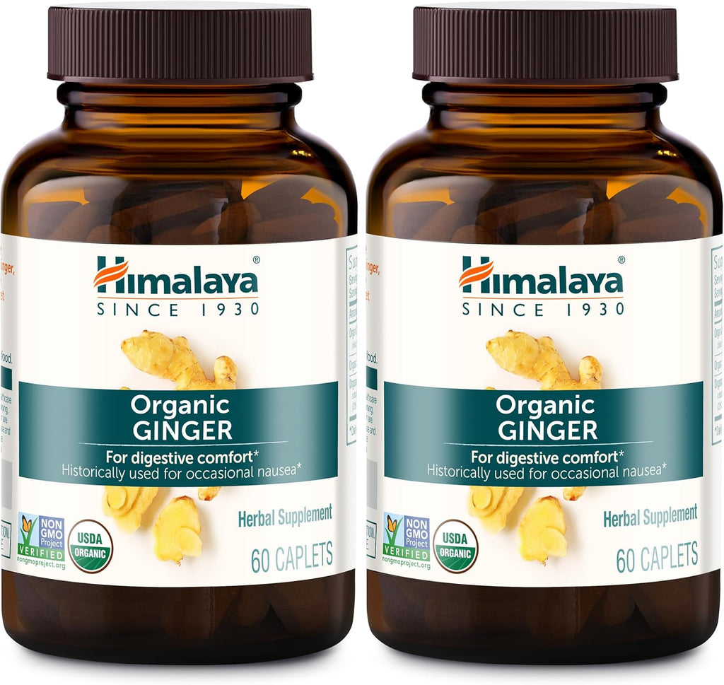 Himalaya USDA Organic Ginger Root Capsules,60 Caplets,2 Pack,120 Day Supply | Digestive Health Ginger Supplement for Nausea, Upset Stomach Relief, Occasional Bloating & Heartburn - Vegan, Non-GMO