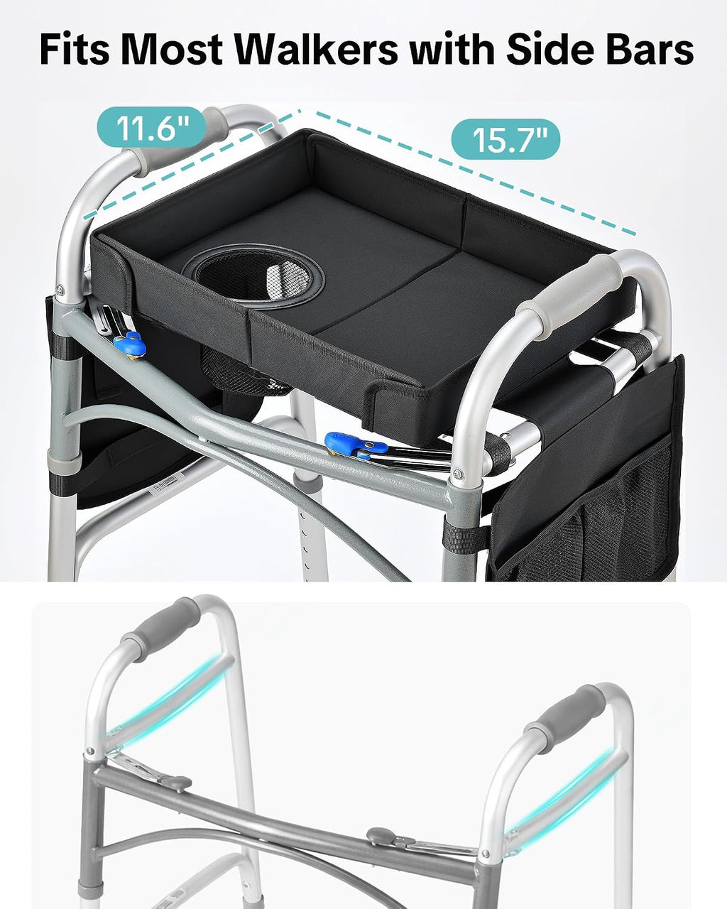 Walker Tray for Folding Walker, Side Pockets & Cup Holder | Fits 17–19" Folding Walkers with Side Bars, Easy Install, Adjustable Straps, Spill-Resistant Surface, Lightweight for Seniors