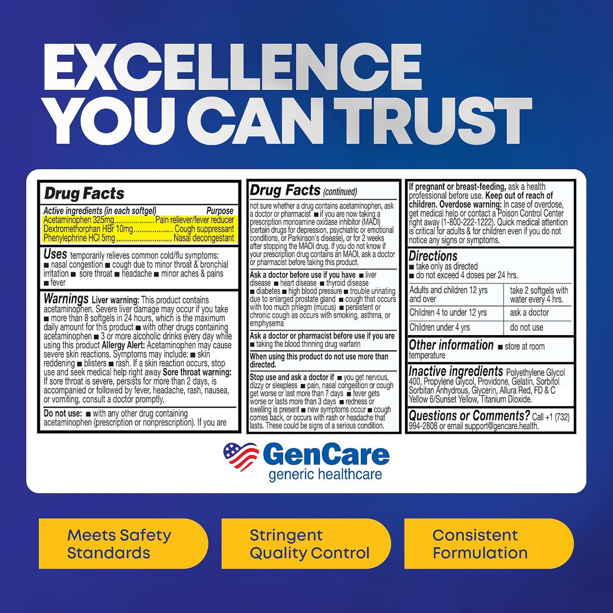 GenCare Daytime Cold & Flu Relief, Non-Drowsy Multi-Symptom, 48 Ct | Compares to DayQuil; relieves fever, cough, congestion & body aches, non-drowsy, severe cold flu