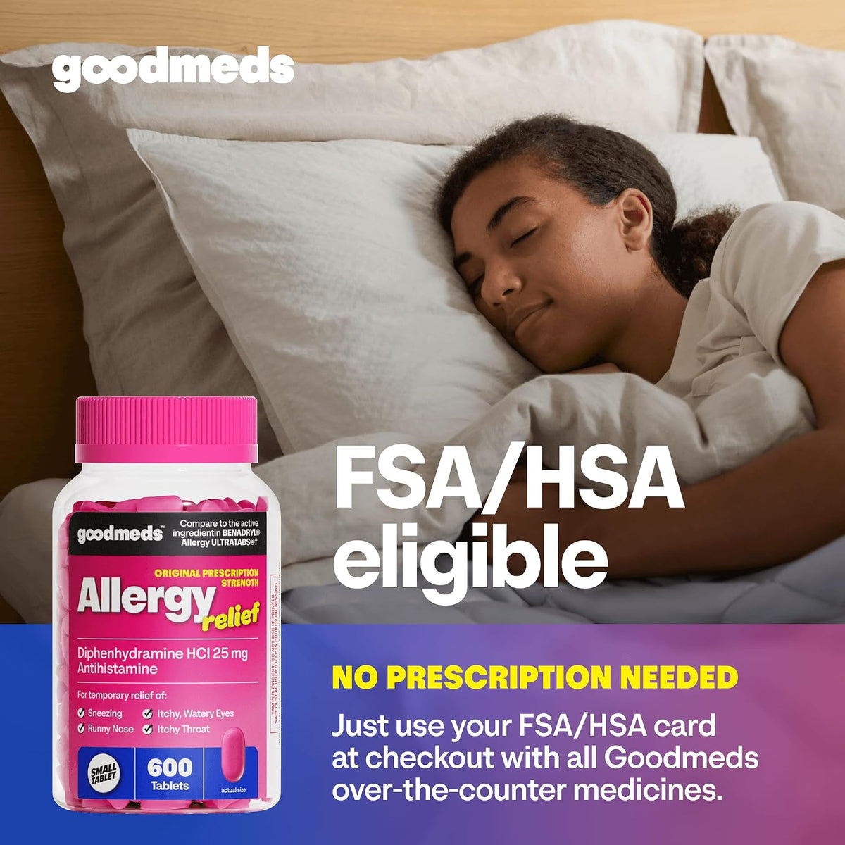 Allergy Medicine Antihistamine, Diphenhydramine HCl 25 mg | Children and Adults | Relieve Itchy Eyes, Runny Nose, Sneezing (25 mg, 600 Tablets)