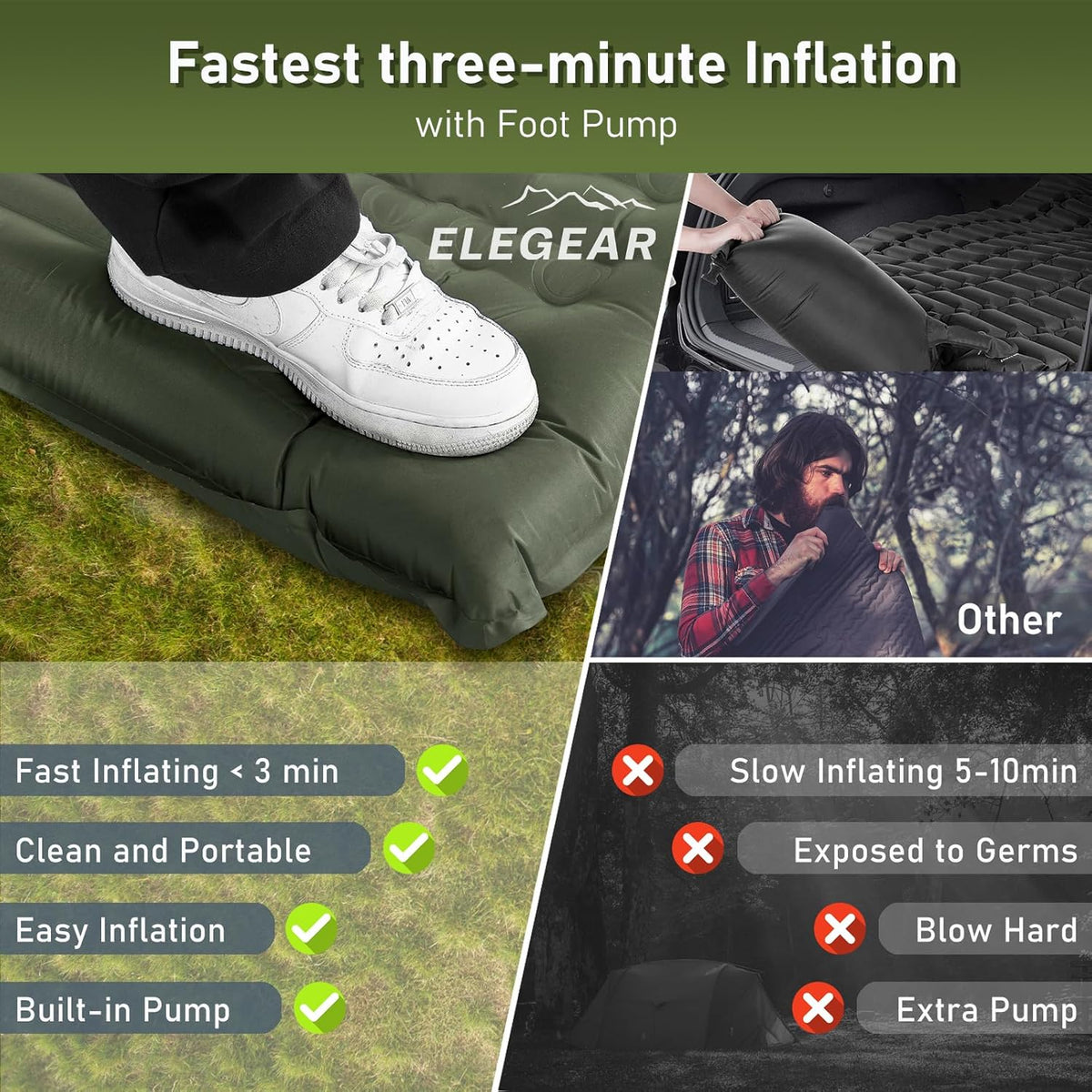 Elegear Double Sleeping Pad for Camping, 4.7" Ultra-Thick Self Inflating Camping Pad 2 Person with Pillow Built-in Foot Pump Camping Sleeping Mat for Backpacking, Hiking, Portable Camping Pad