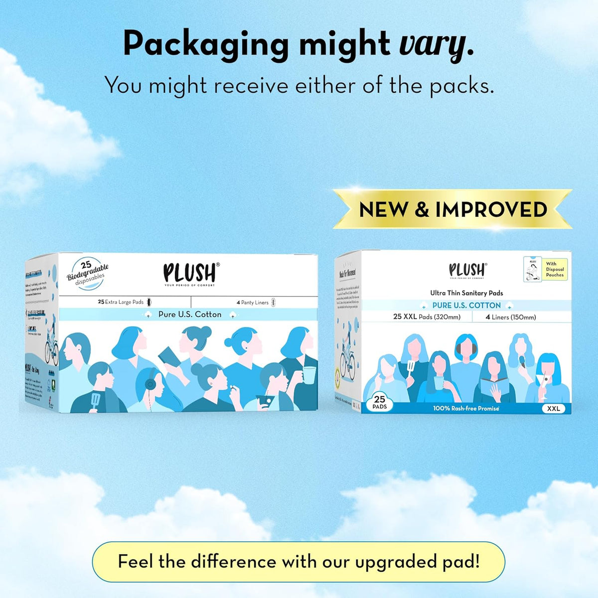 Plush Ultra-Thin Sanitary Napkins for Women, 25 Pcs | Super Absorbent Heavy Flow XXL Pads + 4 Panty Liners | 100% Rash-Free | Pure U.S. Cotton XXL Sanitary Pads with Free Disposable Pouches | No Fragrance | No Toxic-Chemicals