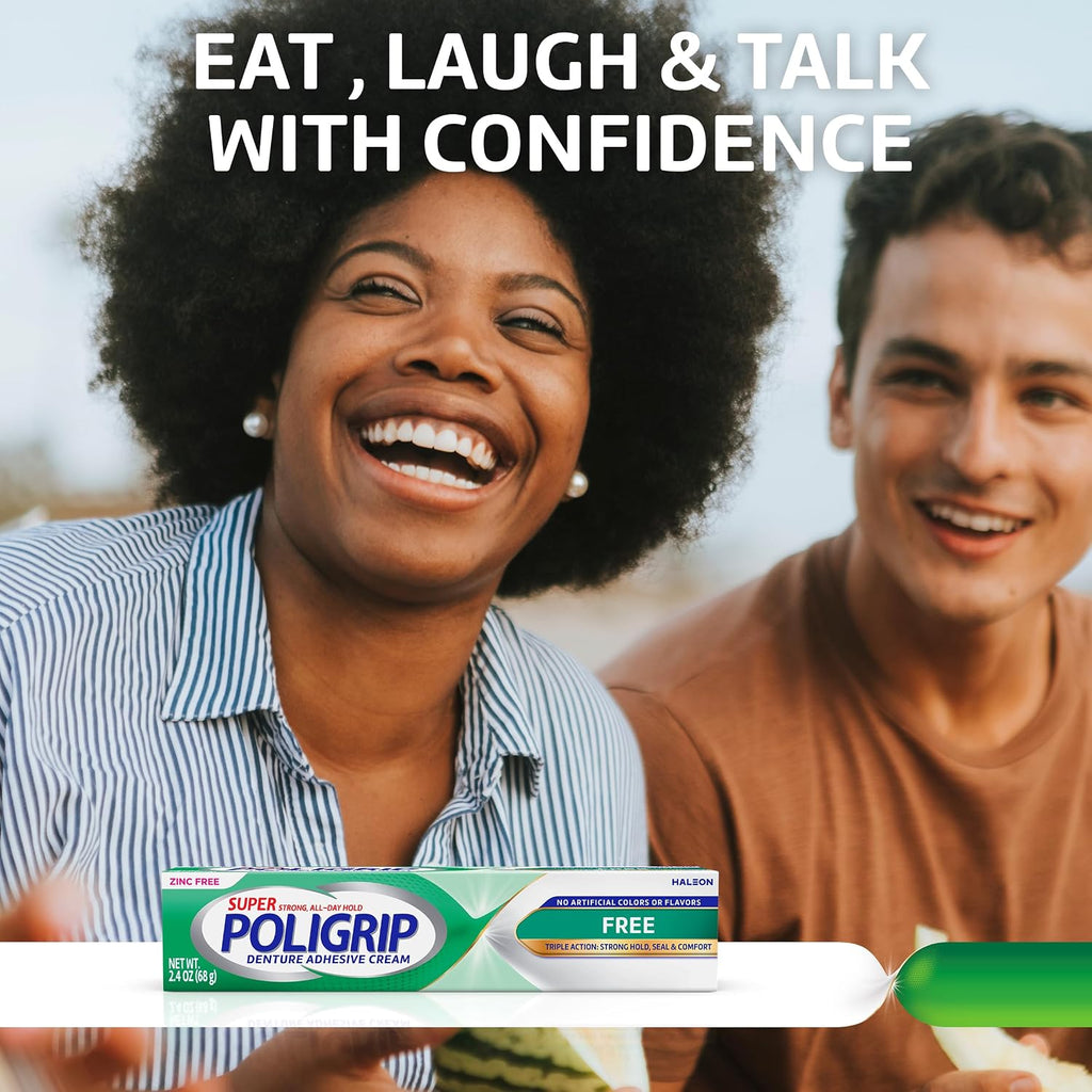 Poligrip Free Denture Adhesive Cream, Strong All Day Hold, Food Seal, Comfort, Clinically Proven, Flavor Free, Zinc Free, 2.4 Oz, 4 Count