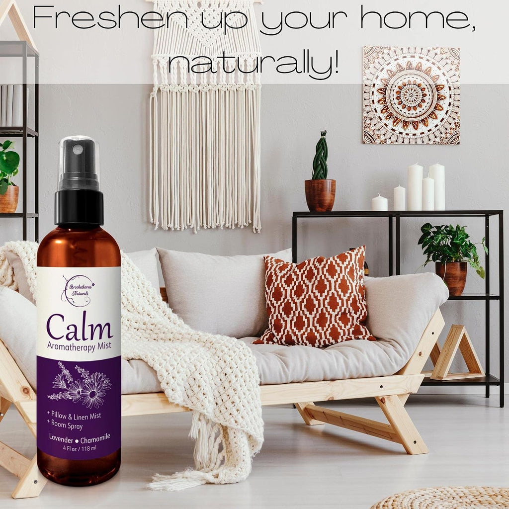 Brookethorne Naturals Calm Aromatherapy Mist | Lavender Pillow Spray 4oz | Lavender & Chamomile Essential Oil room, linen & bed spray | Calming scent for Relaxation & Sleep | Paraben-free, made in USA