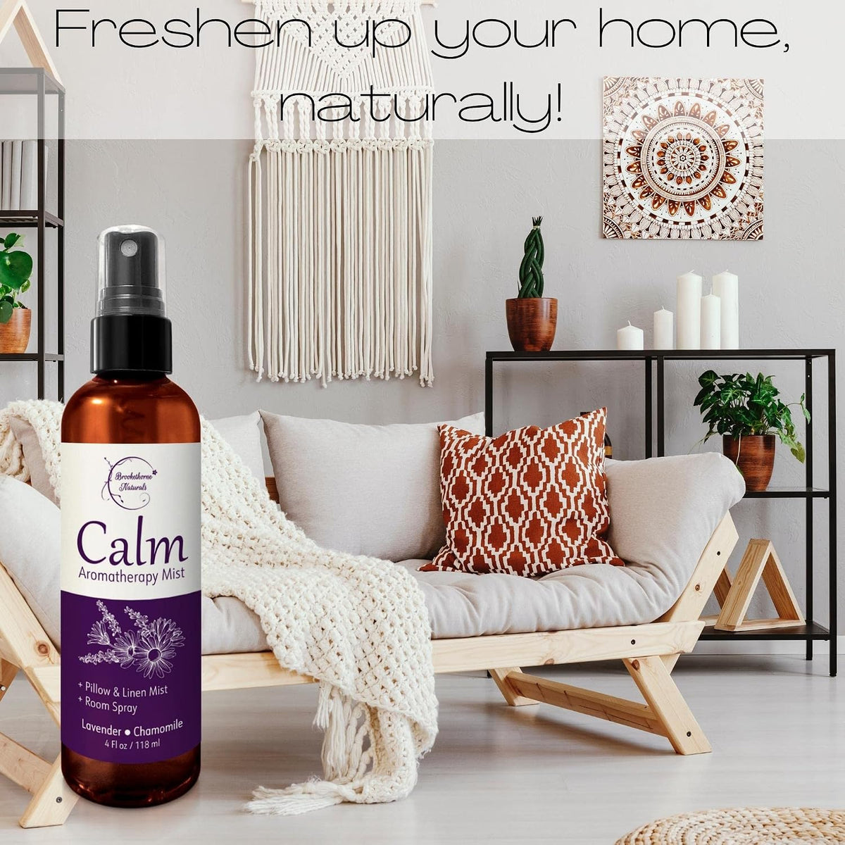 Brookethorne Naturals Calm Aromatherapy Mist | Lavender Pillow Spray 4oz | Lavender & Chamomile Essential Oil room, linen & bed spray | Calming scent for Relaxation & Sleep | Paraben-free, made in USA