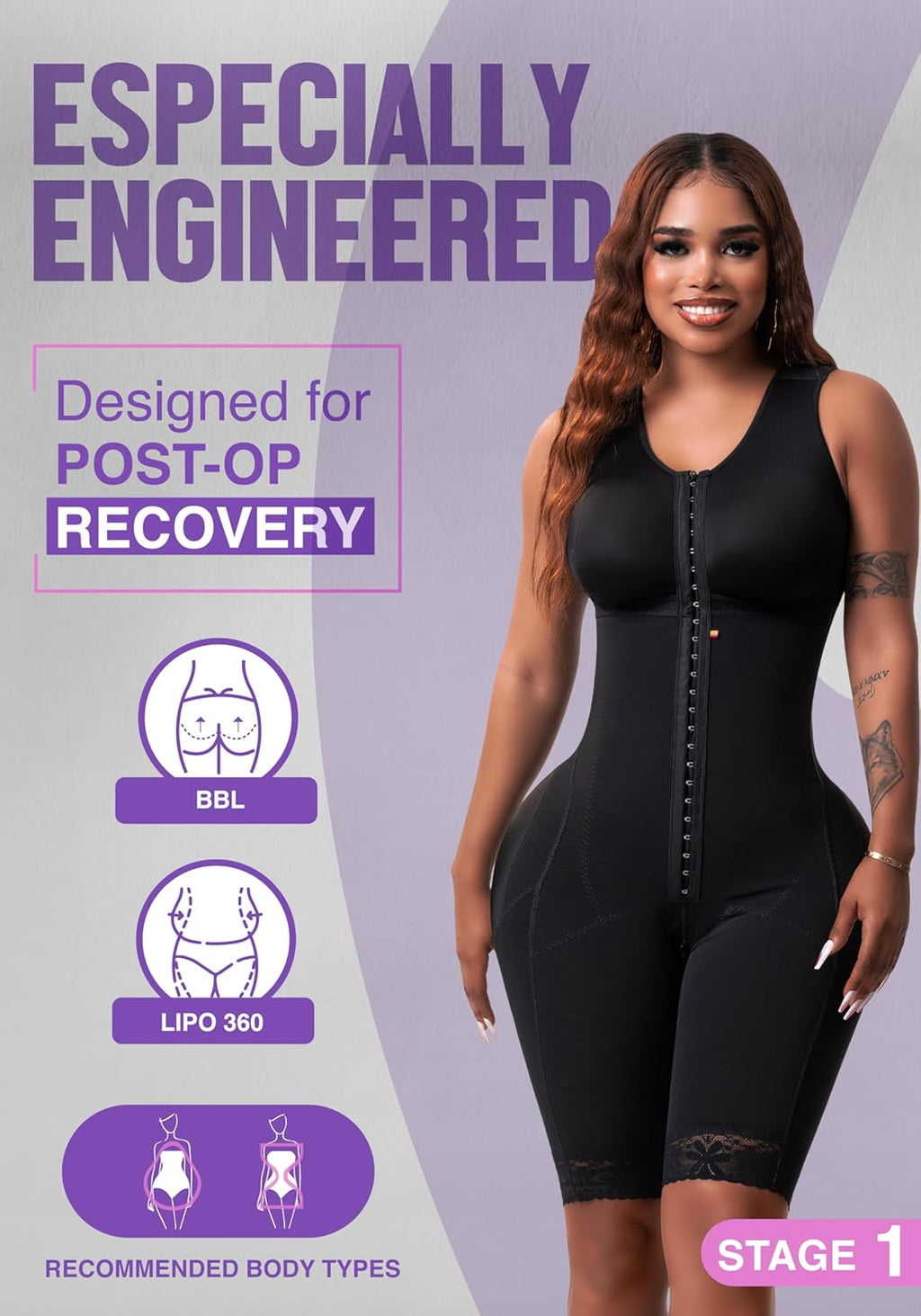 Snatched Body - Women's Stage 1 Faja Colombianas with Bra Shapewear BBL Post Surgery Compression Garment Butt Lifting