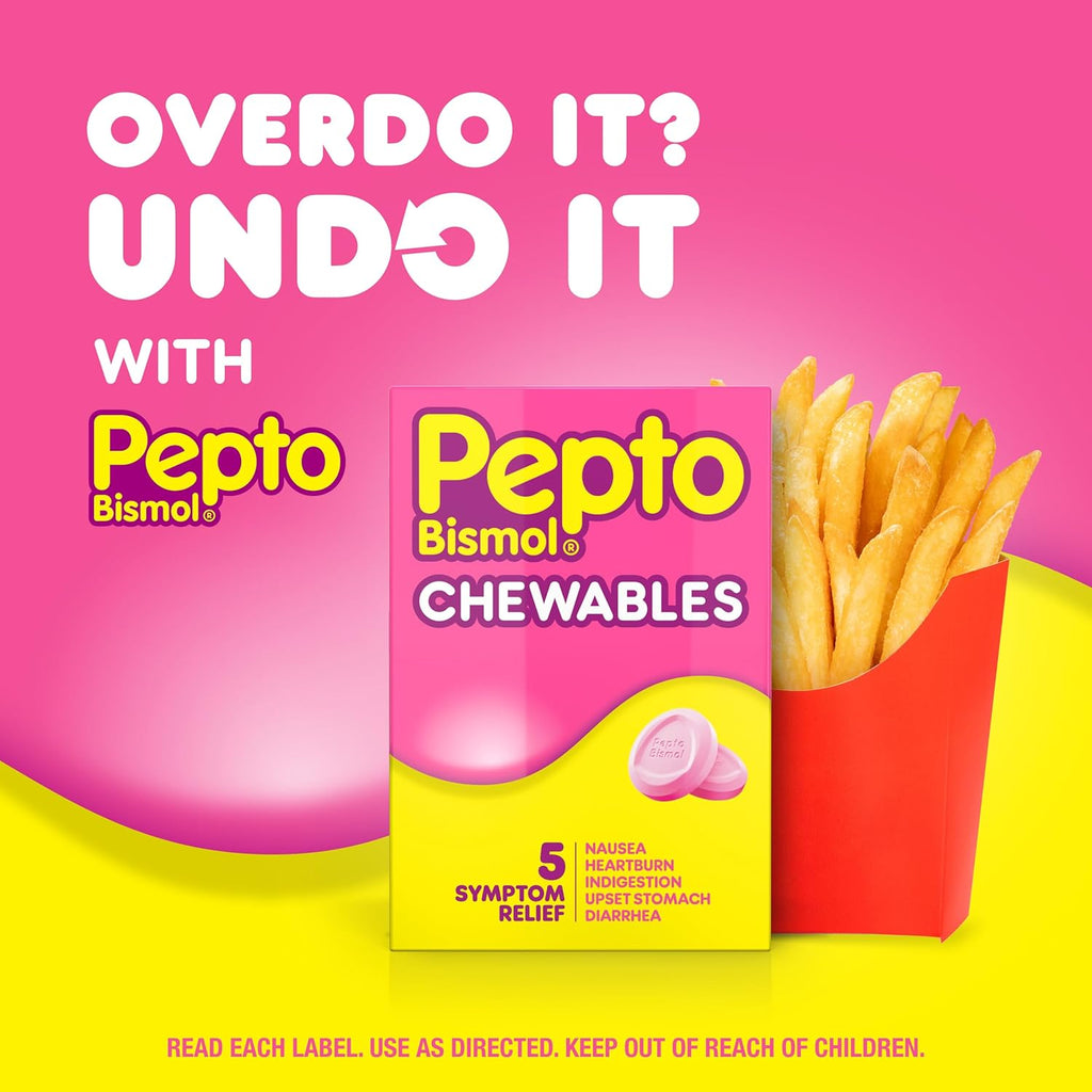 Pepto Bismol Chewable Tablets, Upset Stomach Relief, Nausea Relief, Heartburn Relief, Indigestion Relief, Anti Diarrhea Medication for Adults - 5 Symptom Relief, 90 Chewable Tablets (3x30 ct)