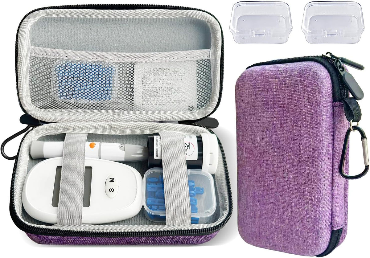 Diabetes Supplies Travel Case, Portable Glucose Monitor Case for Blood Sugar Test Strips, Lancets, Lancing Device, with 2 small transparent boxes and 1 climbing buckle (purple)
