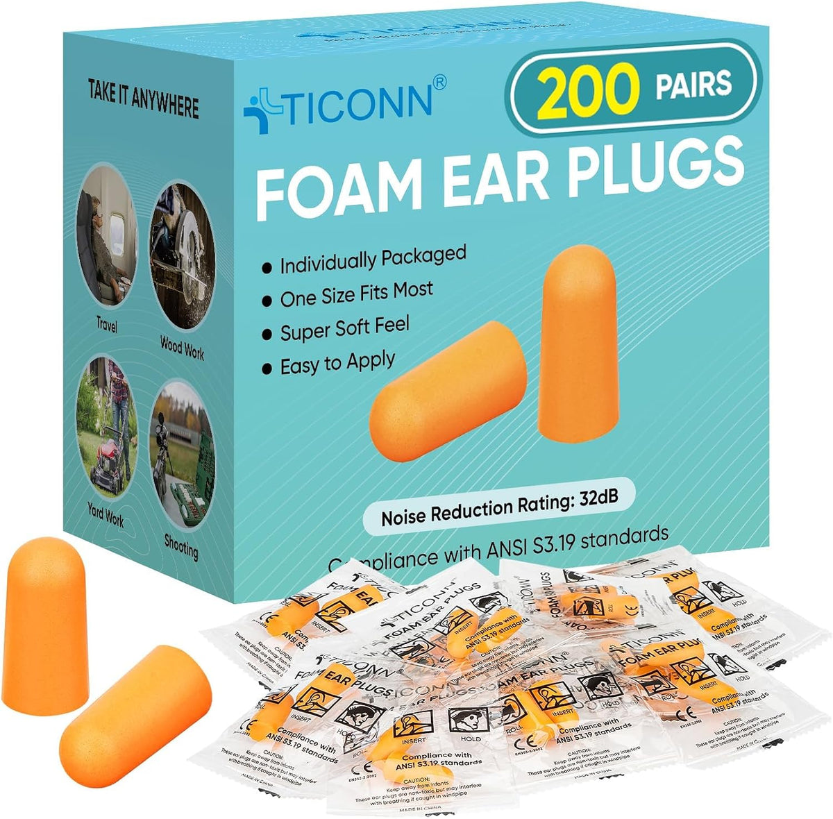 TICONN 200 Pairs Foam Ear Plugs, Hunting Earplugs Individually Wrapped 32dB NRR Noise Reduction Ear Plugs for Sleeping Fishing Passive Hearing Protection Travel Study Concentration (200 Pairs)