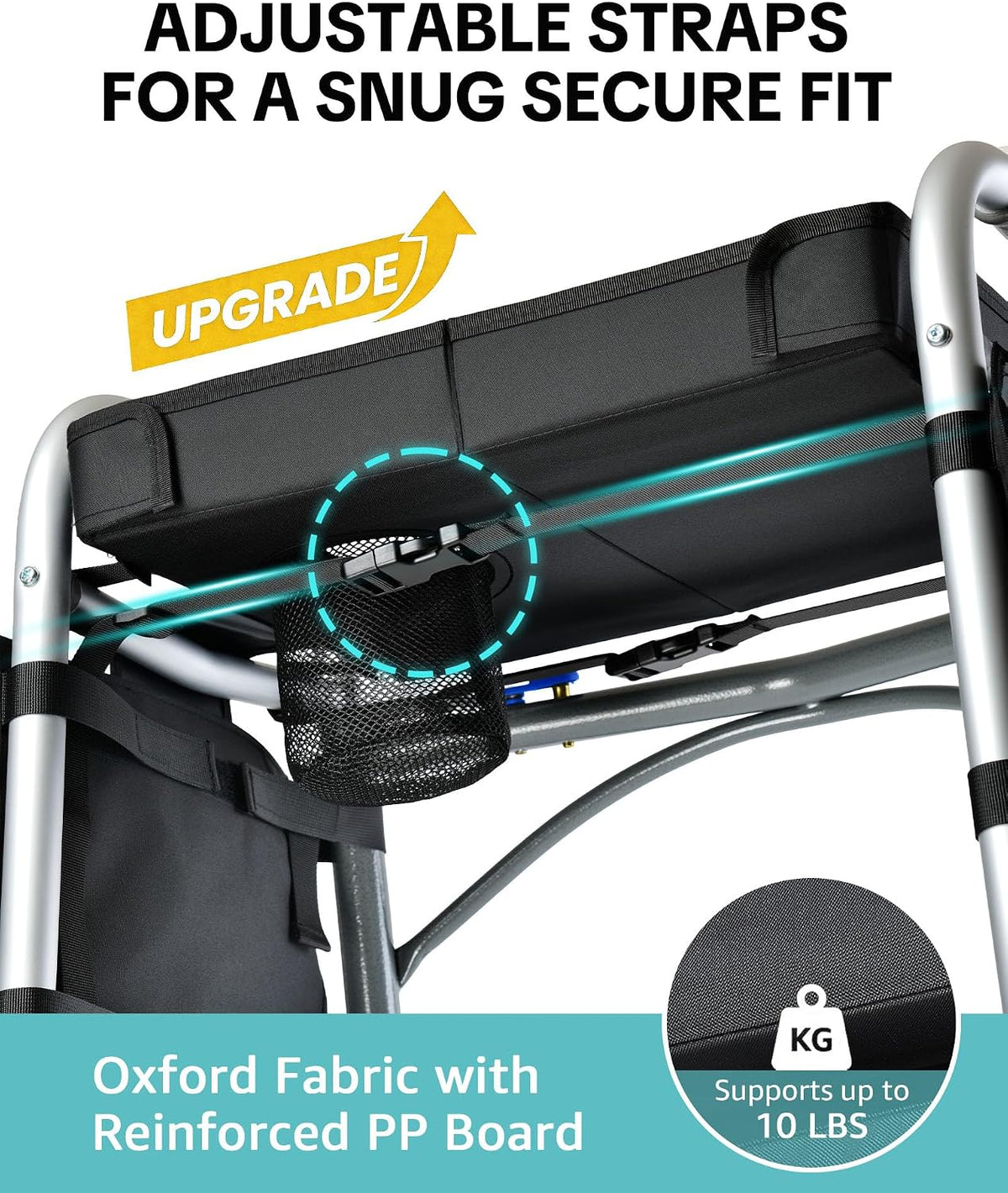 Walker Tray for Folding Walker, Side Pockets & Cup Holder | Fits 17–19" Folding Walkers with Side Bars, Easy Install, Adjustable Straps, Spill-Resistant Surface, Lightweight for Seniors