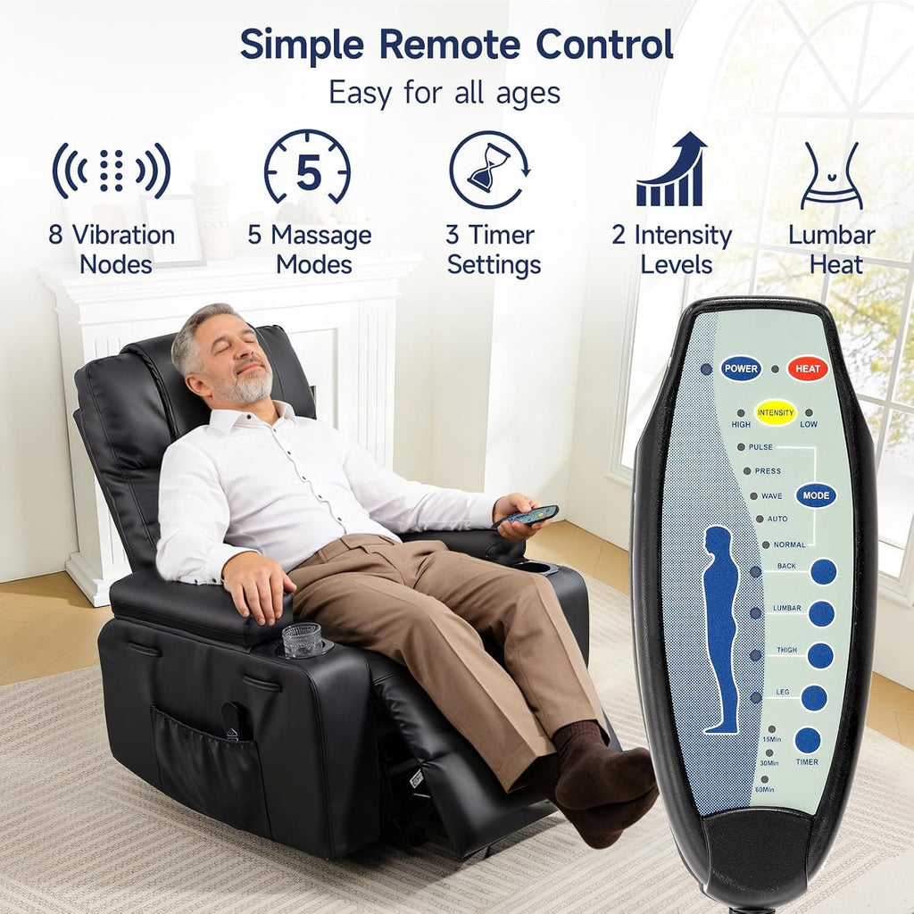 Power Lift Recliner Electric Chair for Elderly with USB Charge Port, Black | Fits 5'2"–5'9" Heights, PU Leather Recliner with Massage & Heat, 160° Adjustable Recline, Stand Assist, Remote, Cup Holders