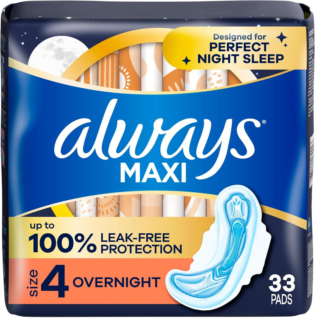 Always Maxi Overnight Pads with Wings for Women, Size 4, Overnight Absorbency, Unscented, 33 Count