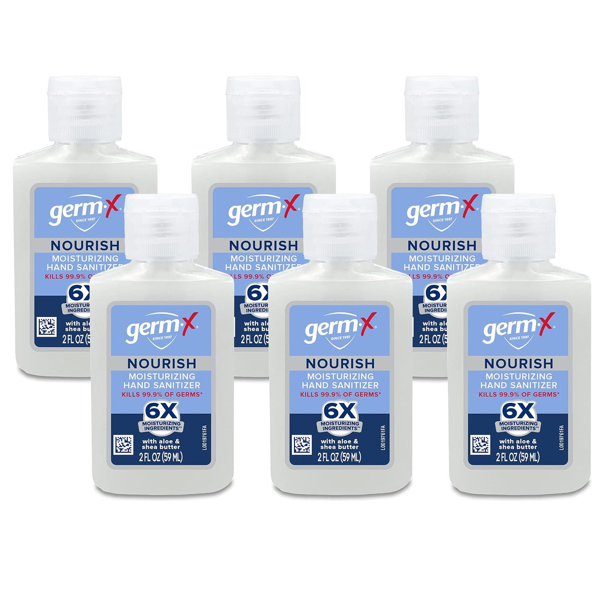 Germ-X Nourish Hand Sanitizer, 2 Fl Oz (Pack of 6), 2-in-1 Moisturizing and Sanitizing Formula with Shea Butter, Vitamin E & Aloe, Non-Greasy, Mini Travel Size for On-The-Go, Fresh Scent