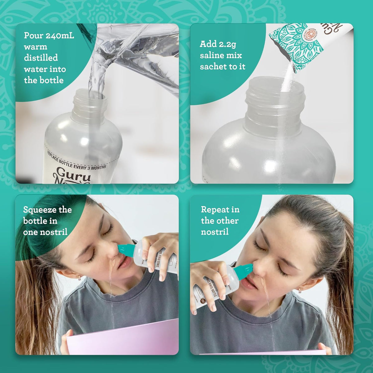 GuruNanda Sinus Rinse Bottle - Comfort Tip for Natural Nasal Irrigator Relief for Adults & Kids - 240ml Capacity
