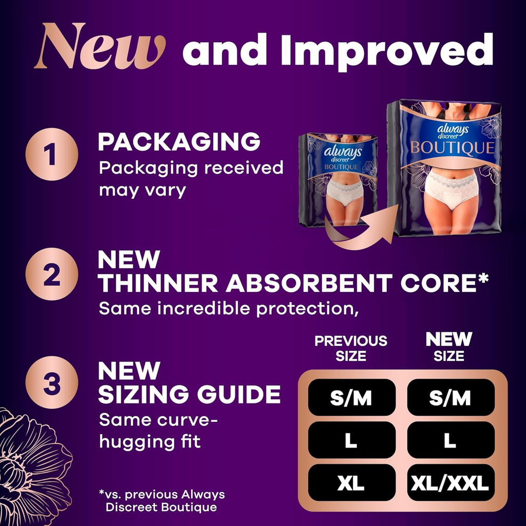 Always Discreet Boutique Incontinence & Postpartum Underwear for Women, Disposable, Maximum Protection, Large, 18 Count