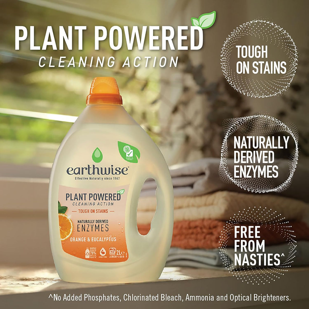 Earthwise Orange & Eucalyptus Laundry Washing Detergent Liquid 2L, 40 Washloads, Suitable for Front & Top Loader, Tough on Stains, Plant Powered Cleaning Action with Naturally Derived Enzymes