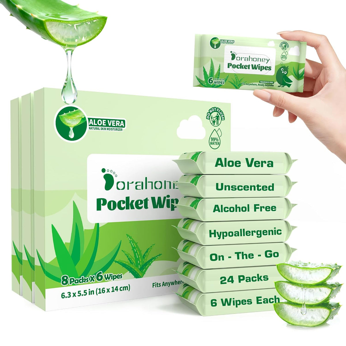 Mini Wet Wipes Travel Size with Aloe Vera, Unscented Moisturizing Pocket Wipes for Sensitive Skin, 99% Water Hypoallergenic Wipes Travel Essentials, 144 Count (24 Packs of 6)