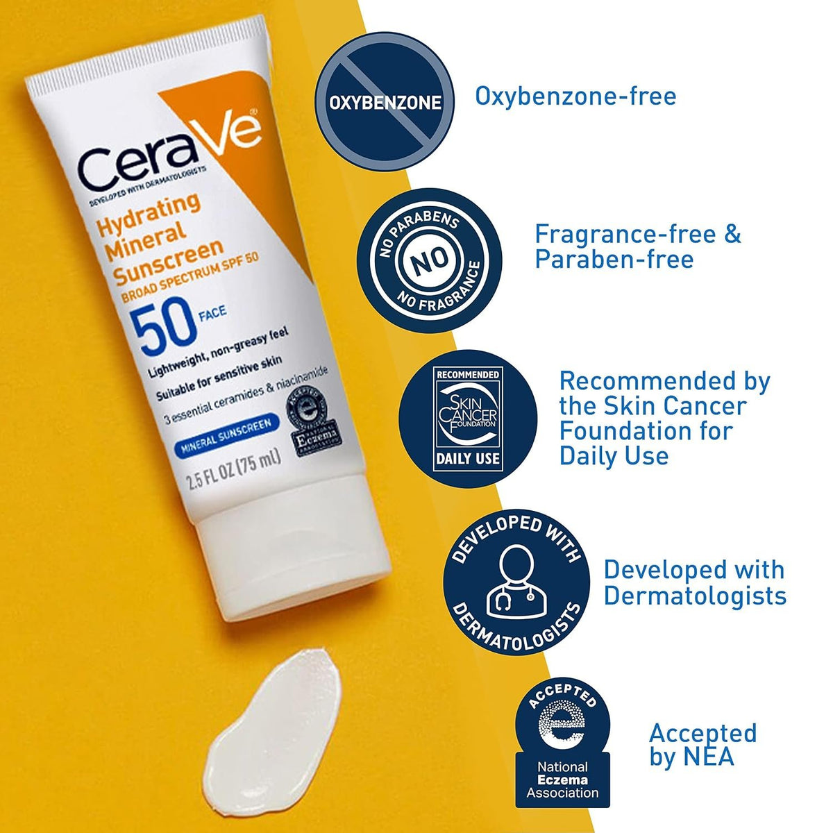 CeraVe Hydrating Mineral Sunscreen SPF 50 Face Sunscreen, Travel Size 2.5oz