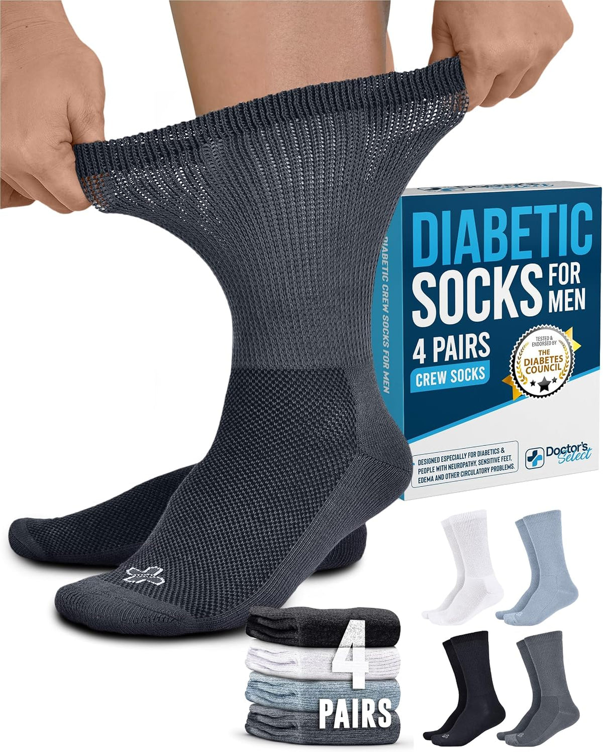 Doctor's Select® Diabetic Socks for Men - 4 Pairs Non Binding Neuropathy Socks for Swollen Feet, Work, Travel & Comfort